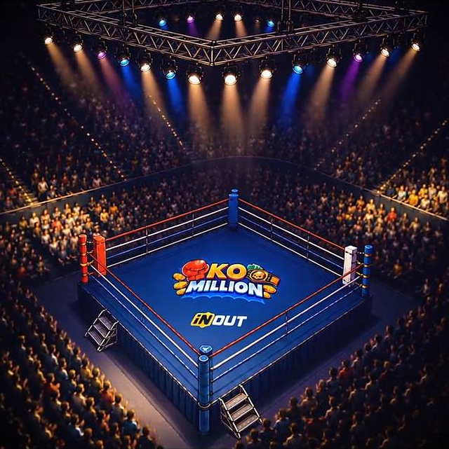 Official reveal key art from InOut Games — the KO Million ring, arena lights and crowd