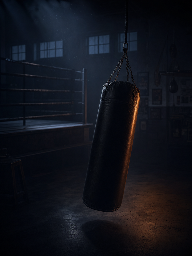 KO Million by InOut Games — dark training gym key art with a heavy punching bag lit by a warm amber rim-light